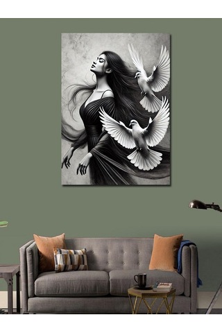 Kanvas Tablo Uçan Beyaz Güvercin Ve Kadın Silüeti 50cmx70cm