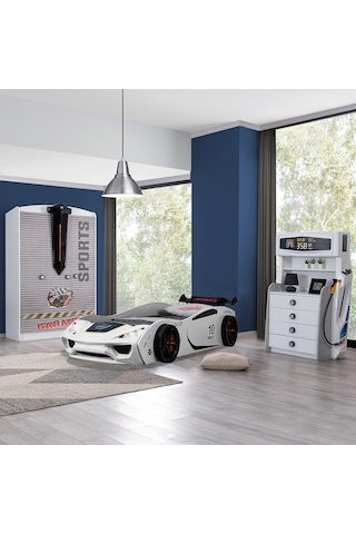 Setaymobilya Sports Çocuk Odası - Vento Arabalı Yatak Dolap Şifonyer - Beyaz