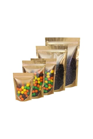 Doypack Gold+Metalize Şeffaf Kilitli 11X18.5X7 50 Adetli