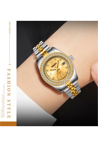 Yashıdun 5068 Şık Kadın Kuvars İzle Çelik Kayış Taklidi Dekor Aydınlık Saat - Altın Kadran