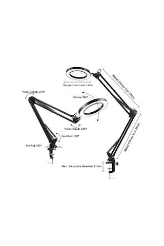 Hpy Pazar 33 Cm Çift Kollu Usb Kontrollü Aydınlatmalı Büyüteç 64 Led, 8x