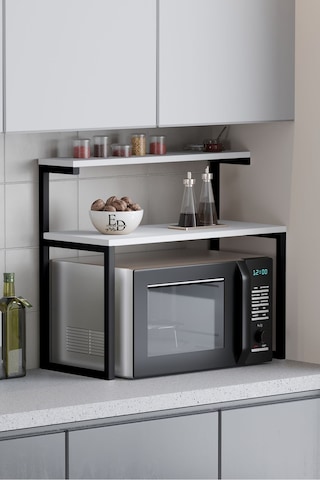 Akik 2 Raflı Metal Çok Amaçlı Mutfak Rafı / Tezgah Üstü Raf Siyah Metal - Beyaz Tabla Beyaz