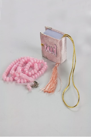 Kadife Kaplı Mini Kuran Kutulu - Tesbihli - Pleksili - Pembe