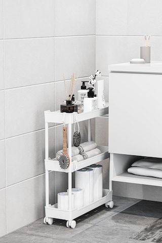 Beyaz 3 Katlı Tekerlekli Dar Düzenleyici Mutfak Ve Banyo Rafı