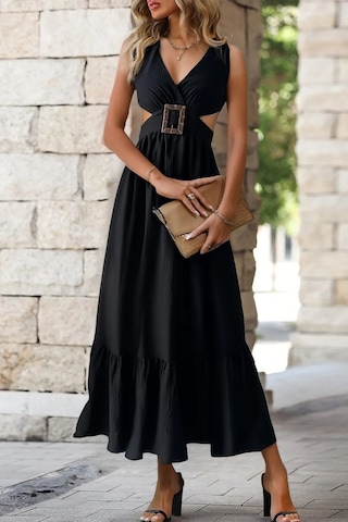 Fashion Cocktail Sırtı Omuzdan Bağlamalı Korseli Kare Degaje Tokalı Bel Yan Pencereli Uzun Yazlık Tatil Maxi Elbise Siyah