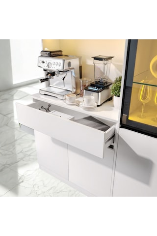 Lumıa Mıdı Sağ Vitrinli Led Li Modüler Kahve Köşesi Mat Beyaz Mdf Kahve Dolabı, Siyah Füme Cam Vitrinli, Büyük Boy Premium Kahve Istasyonu, Geniş Depolama Alanı