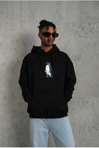 Barlashive Erkek Survivor Penguin Baskılı 3 İplik Pamuklu Kapüşonlu Sweatshirt Hoodie Siyah Çok Renkli