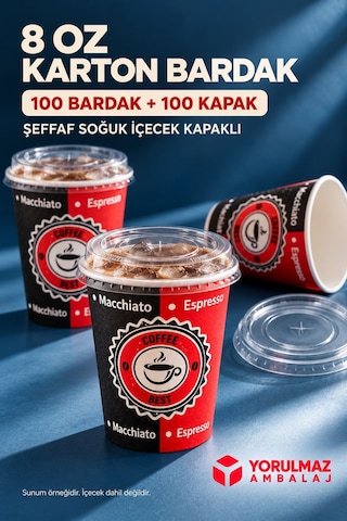 8 Oz Kapaklı Karton Bardak 100 Adet Soğuk İçecek Uyumlu Sızdırmaz Kağıt Bardak Renkli