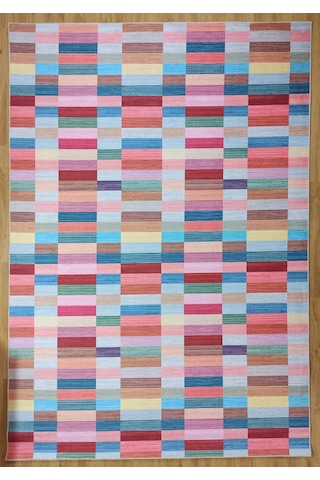 Modern Renkli Blok Desenli Geometrik Halı - 12439ou Pembe