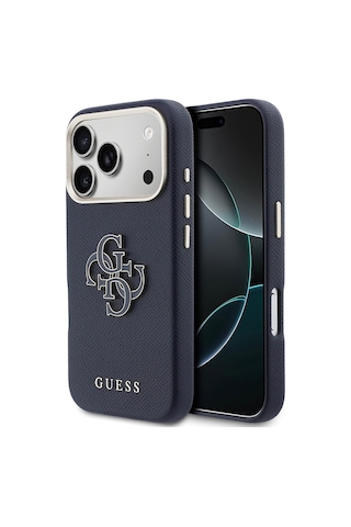 Apple Uyumlu iPhone 17 Pro Max Kılıf Guess Lisanslı 4g Büyük Metal Kamera Çerçeveli Pu Deri Resin Kapak Mavi