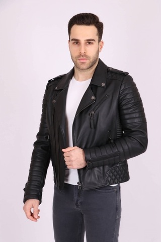 Erkek Siyah Hakiki Deri Yakalı Baklava Desenli Apoletli Spor Mont