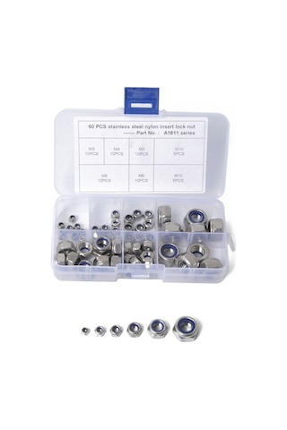Cbtx 60 Adet Araba 304 Paslanmaz Çelik Kilit Somunları Naylon Ekleme Kilit Somunu Kiti M3-m10