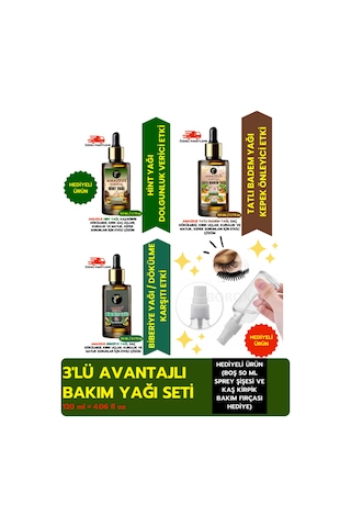 Amazeus 3'lü Bitkisel Yağ Seti/ Hint, Tatlı Badem, Biberiye 120 Ml %100 Saf Ve Doğal Hediyeli Ürün