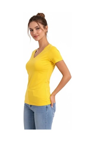 Butik İstanbul T-shirt V Yaka Slim Fit Likralı Tişört Günlük Basic Body - Sarı