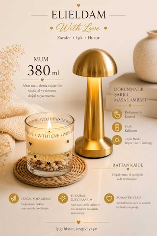 Doğum Günü, Özel Gün, Yeni İş, Yeni Ev Hediyesi Kalp Motifli Doğal Soya Mum Ve Gold Masa Lambası Seti