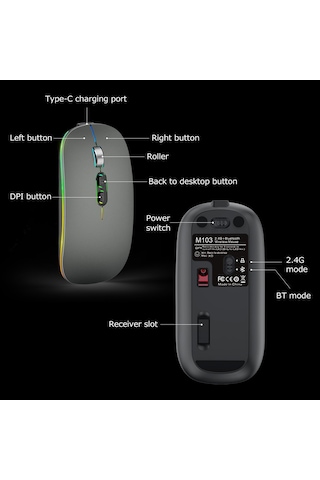 Tenfowee M103 Çift Modlu 2.4g+bt5.1 Kablosuz Mouse, Sessiz Ofis Kullanıma Uygun, 3 Seviye Dpı Ayarlı 800-1200-1600 , 500mah Şarj Edilebilir Pil, Gümüş Rengi