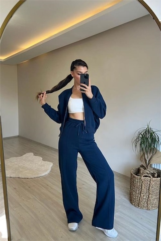 Neşeli Butik Kadın Fermuarlı Oversize Sweat Ve Yüksek Bel Eşofman Takımı Nm018 Lacivert