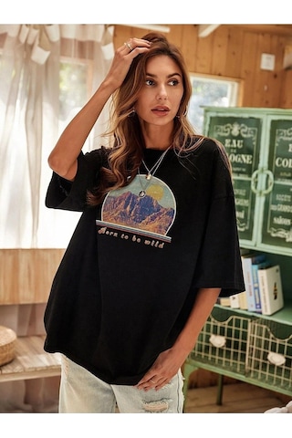 Kadın Siyah Oversize Mountain Slogan Baskılı T-shirt Siyah
