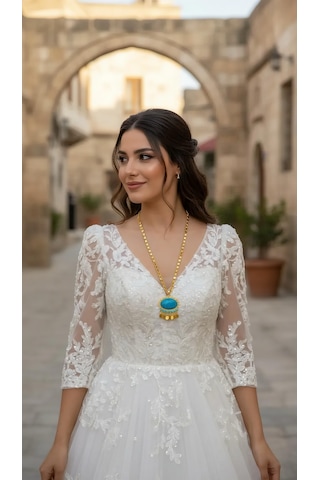 Otantik Arpa Zincirli Firuze Kolye-küpe -bileklik Set Mavi