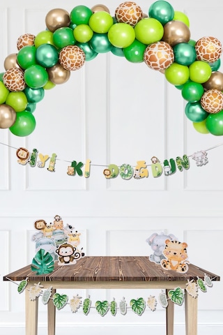 Safari Doğum Günü Parti Paketi Yeşil Gold Balon Zinciri Safari Ayaklı Pano Ve Banner Set Gri