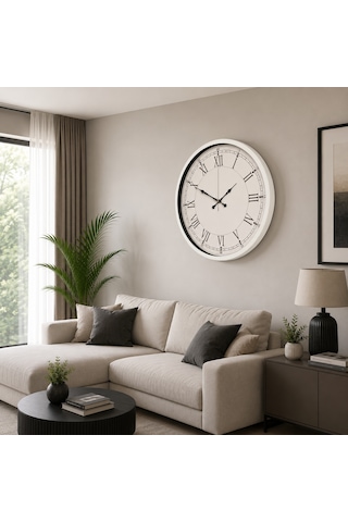 Beyaz Roma Rakamlı Büyük Boy 80 Cm Metal Duvar Saati