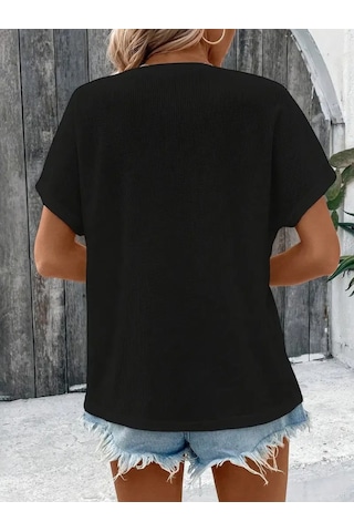 Ge Ticaret Kadın Kısa Kollu Yakası Açık Önden Düğmeli Waffle Bluz Siyah