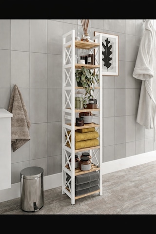 Mini Beyaz Masif Ahşap Dekoratif Banyo Rafı Havluluk Peçetelik 8 Katlı Beyaz