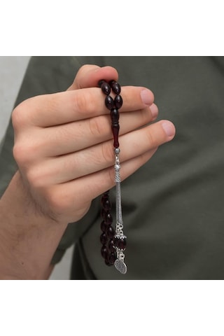 925 Ayar Gümüş Püsküllü Bordo Kehribar Tesbih