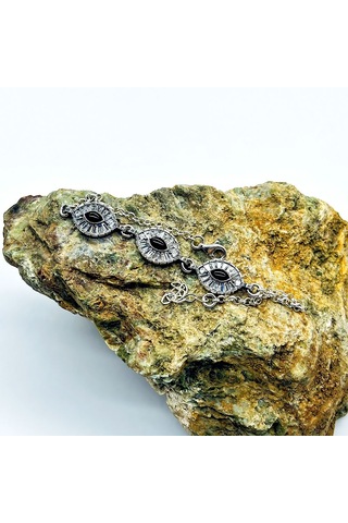Mekik Model Zirkon Ve Oltu Taşı İşçilikli 925 Ayar Gümüş Bileklik Gümüş - Siyah