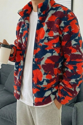 Genius Store Oversize Peluş Tam Fermuarlı Sweatshirt Peluş İçi Polarlı Sherpa Kumaş Sweatshirt Kırmızı
