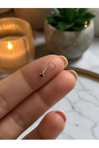 925 Ayar Gümüş Siyah Taşlı Burun Hızması Piercing Minimal L Şekilli Unisex Nose Stud Gri
