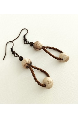 K211 Seramik Boncuklu Küpe Kahverengi