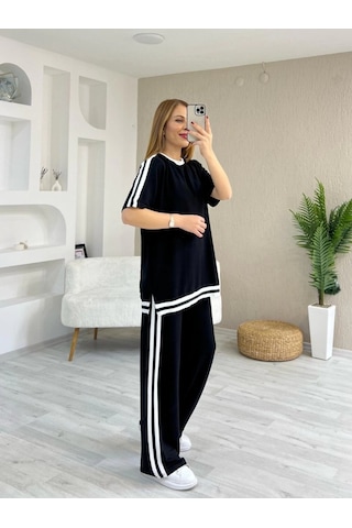 Buğrahayalin Kadın Kısa Kollu Bisiklet Yaka Çift Renk Şerit Detaylı Viskon Iki Iplik Bluz Ve Pantolon Ikili Takım Siyah