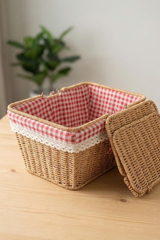 Digithome Kapaklı Rattan Vintage Dantelli Dikdörtgen Piknik Sepeti -9t14 U/6 Kahverengi