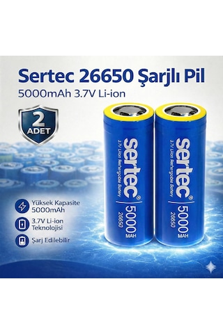 Sertec 26650 Şarjlı Pil 5000mah 3.7v Li-ion Başlıksız Düz 2li