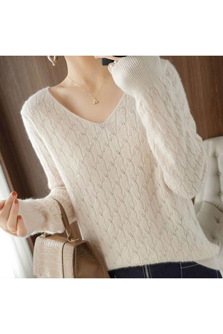 Açık Mor Gevşek Katı V Yaka Örme Kazak Kadın Ince İlkbahar Ve Sonbahar Delikli Uzun Kollu Alt Gömlek Moda Giyim Üst Xl Açık Mor