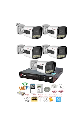 Fury 5 Kameralı Su Geçirmez 1080p 4 X Ultra Ledli Gece Renkli Güvenlik Kamera Seti 5500 500gb