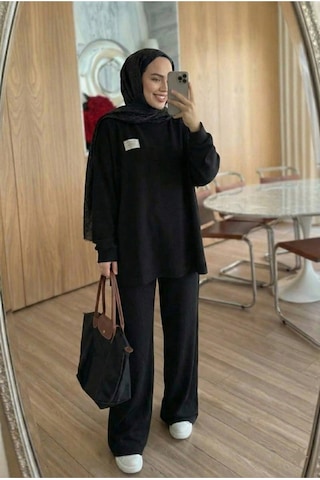 Unika Boutique Fitilli Armalı Detaylı Oversize Kaşkorse Basic Alt Üst Takım Siyah