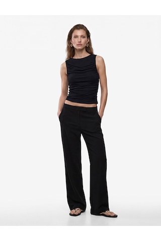 Koton Skinny Fit Bisiklet Yaka Drapeli Kolsuz Tül Bluz Siyah 6sak10413ek