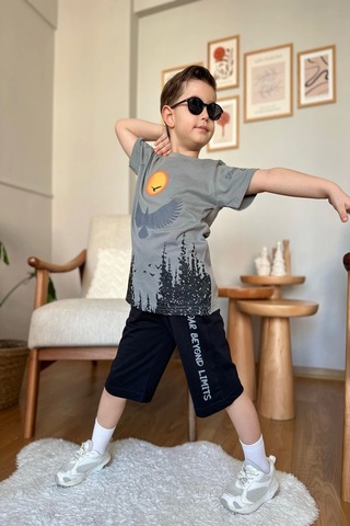 Kartal Desenli Gri Renk Erkek Çocuk Şortlu Takım Gri