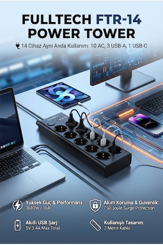 Anahtarlı Akım Korumalı Uzatma Prizi Ftr-14 Çoklu Priz 10 Lu + 3 Usb + 1 Type-c 3680w 16a 2 Metre Kablo 0.2 M