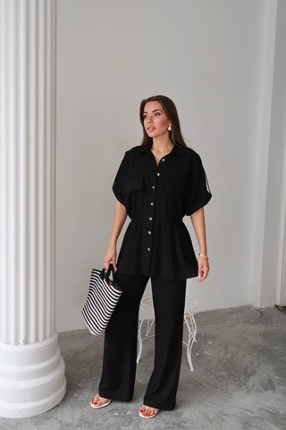 Keten Belden Büzgü Detaylı Gömlek - Pantolon Takım - Siyah Siyah