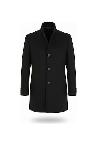 Erkek Siyah Slim Fit Dik Yaka Kaşe Kaban-Siyah