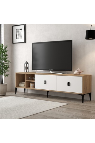 3804 Era Tv Ünitesi 180 Cm 2 Kapaklı Raflı Sepet - Beyaz Tv Sehpası Beyaz - Sepet Çok Renkli