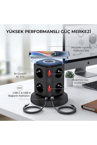 Akım Korumalı Priz Kablosuz Şarj İstasyonu 8xsoket 1xusb 2xtype-c 2 Mt Kablolu Grup Priz Çoğaltıcı 2 M