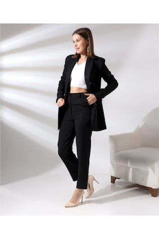 Kadın Kruvaze Blazer Ceket Pamuklu Atlak Kumaş Pantolon Takım Elbise Siyah Siyah