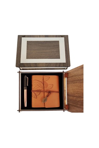 Özel Ahşap Kutulu Taba Deri Defter Ve Bakır Roller Kalem Set 1 Adet