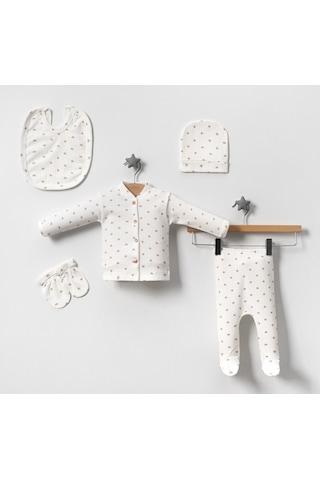 Yeni Doğan Kahverengi Kalpli 5 Parça Zıbın Set Hastane Cıkışı Kahverengi