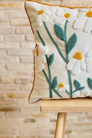 Swita Home Punch İşlemeli Tekli Dekoratif Papatya Desen Kırlent Kılıfı Panç Turkuaz