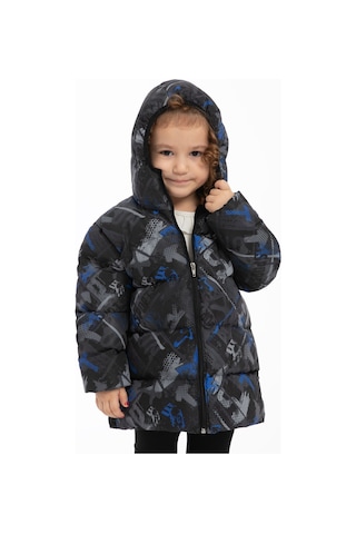 Kız Çocuk Saks Antrasit Dijital Desen İçi Polar Su Ve Rüzgar Geçirmez Kapüşonlu Şişme Kışlık Mont Antrasit - Saks Mavi